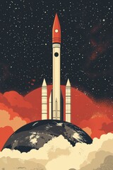 Obraz premium Retro-style rocket launch poster with cosmic background