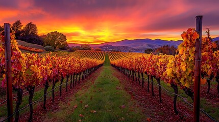 Naklejka premium Autumnal Vineyard Sunset: A breathtaking view of a vineyard bathed in the warm glow of a setting sun, showcasing vibrant autumn colors and rolling hills.