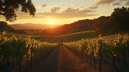 Fototapeta premium Golden Hour Vineyard: A Sunset Symphony in Wine Country