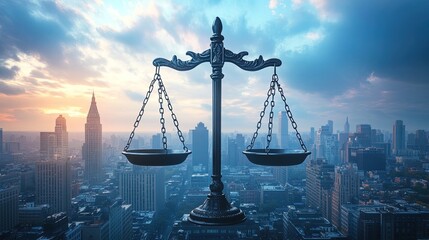 Scales of justice hovering above a large cityscape, symbolizing law and order 