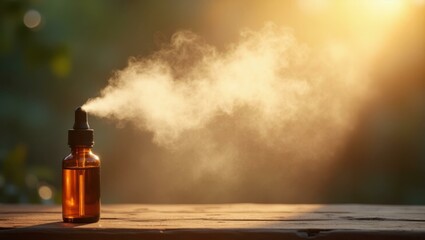 Amber glass bottle releasing fragrant mist, essential oil spray in sunlight, wellness and relaxation concept, natural remedy, spa treatment, aromatic therapy, blurred background with warm golden tone
