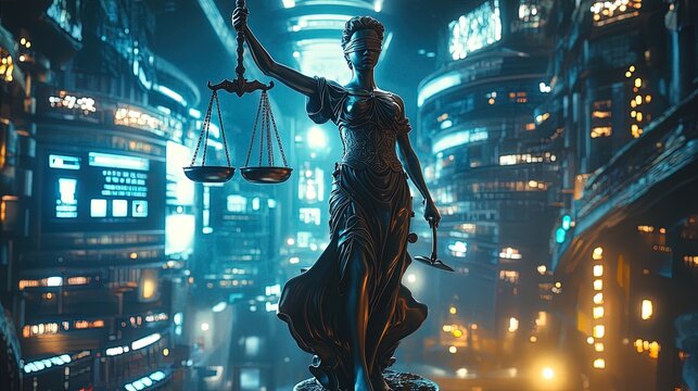 Lady Justice in a modern setting with digital scales, futuristic interpretation of law
