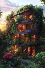 A vibrant virtual tour of an eco-friendly futuristic home with solar panels, lush vertical gardens, and soft sunset lighting. Ideal for promoting sustainable living and renewable energy projects.