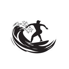 Silhouette of a Man Surfing on Challenging Waves - Vector Illustration