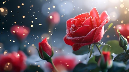 Mesmerizing red roses with glowing petals against a dark mysterious background creating a captivating and enchanting ambiance  The roses are illuminated sparkling and radiating a warm magical energy