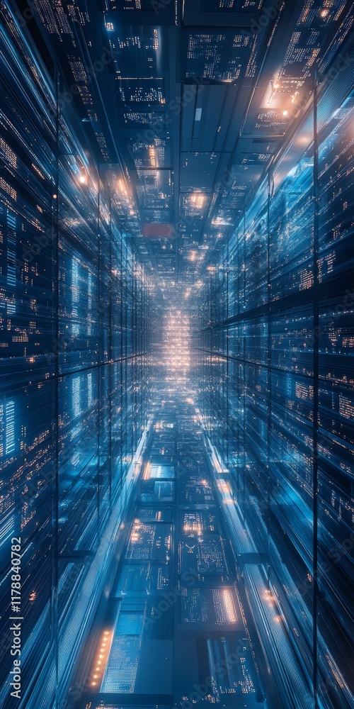 Poster futuristic data storage environment with dynamic lights and data flow representing cloud technology 