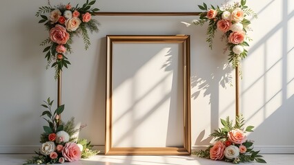 Elegant Gold Frame with Peach and Cream Floral Archway