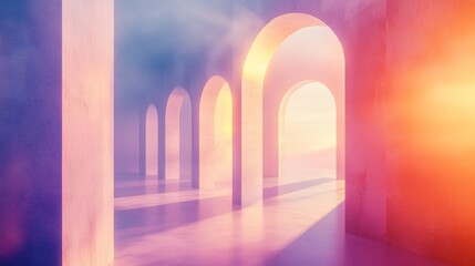 Explore a dreamy surreal environment filled with vibrant light and colorful arches. The ethereal scene captures an enchanting atmosphere, perfect for creative projects.