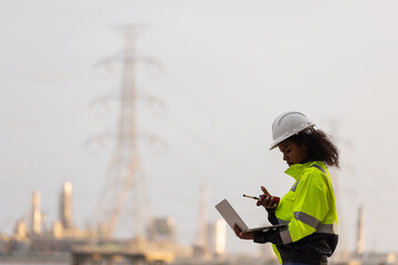 A female engineer in a high-visibility jacket and helmet uses a laptop and smartphone near a power...