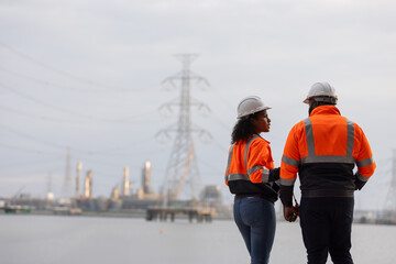 Two workers in orange safety vests and helmets stand together near a power plant with transmission towers in the background, symbolizing teamwork, industrial safety, and energy sector operations © kamonrat