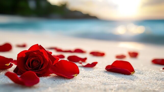 Romantic red rose petals forming a beautiful pathway on a white sandy beach with the ocean and a sunset in the background  This serene and tranquil scene creates a peaceful and elegant atmosphere