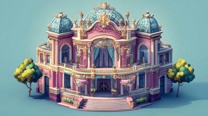 Obraz premium A beautiful vintage building showcasing ornate architecture with colorful details and majestic domes. The inviting entrance and landscaped surrounds add to its charm.