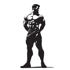 Black and White Bodybuilder in Action – Vector Illustration