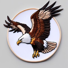 Obraz premium A handmade embroidered cloth patch featuring a majestic eagle soaring above forests, mountains, and trees, with a glowing sun and expansive sky in the background.