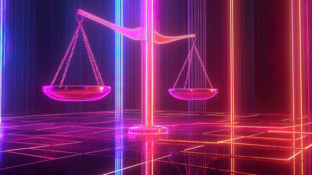 Abstract digital representation of legal scales, neon lines and glowing elements 