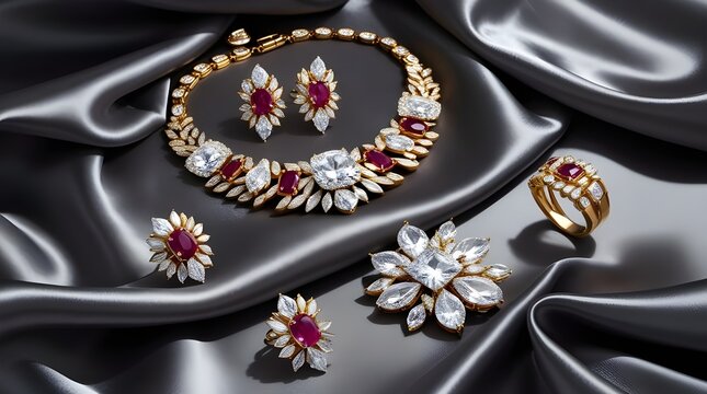 Stylish jewelry with embedded gems on a silk background for weddings, functions and parties 