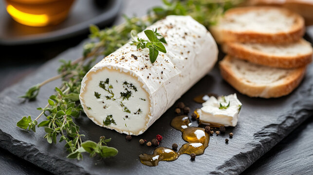 Rulo de queso de cabra con hierbas frescas y miel, acompa&ntilde;ado de rebanadas de pan, pimienta y decoraci&oacute;n sobre una tabla de pizarra