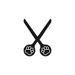 Dog grooming logo design template. Scissors with paw prints on the handle. Vector isolated illustration on white background.	