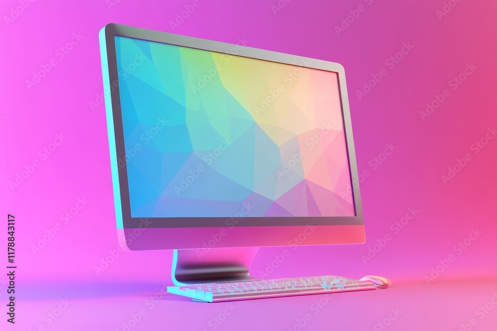 Poster a computer monitor with a colorful background and a keyboard. the monitor is on a pink surface. the 