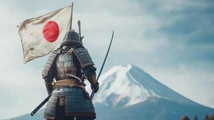 Naklejka premium Samurai with Japanese Flag and Mount Fuji: A lone samurai stands tall, his back to the viewer, holding a katana and a Japanese flag with a red circle against the backdrop of the majestic Mount Fuji.