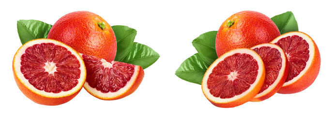 Blood red oranges with half and slice isolated on white background with full depth of field