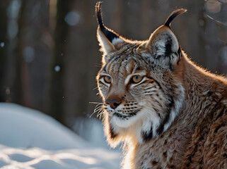 Fototapeta premium A lynx with its iconic pointed ear tufts, sitting gracefully in a snowy clearing, its thick fur glowing in the winter sunlight.