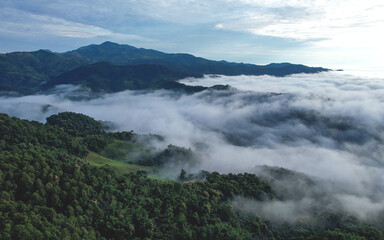Aerial landscape view of mountains and the sea of fog by drone