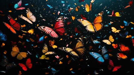  various brightly colored butterflies on a black background.