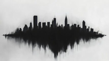 Obraz premium A city skyline is shown in black and white. The city is in the background and the foreground is a reflection of the city. Scene is one of loneliness and isolation