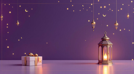 Ramadan scene with lantern, gift box, hanging decorations  Ideal for greetings, or illustrating generosity and celebration