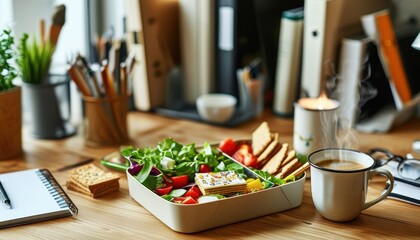 Healthy lunch on office desk with coffee and copy space