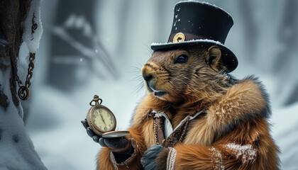 Obraz premium Comical groundhog with top hat and pocket watch in winter