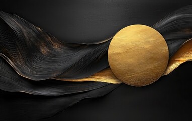 Fototapeta premium Abstract Gold and Black Swirling Waves with Circular Frame Elegant Luxury Background Design
