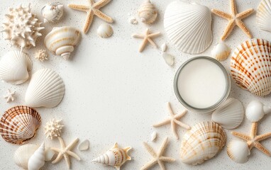 Obraz premium Seashells Starfish and Cream Jar Summer Beach Background