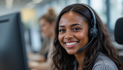 A joyful black woman with a radiant smile, embodying the positivity and helpfulness of customer support work, call center, telemarketing, web help consultant, professional consultant, radiant smile