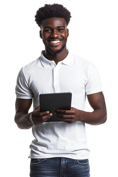 portrait of a happy young man holding a tablet in his hands, smiling, isolated on white photo PNG image, PNG file, Generative art.