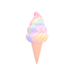 3D render cartoon rainbow ice cream cone object on transparent background.