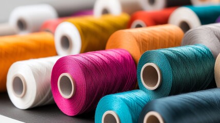 Vibrant Colorful Spools of Thread Sewing Craft Supplies Textile Industry Background