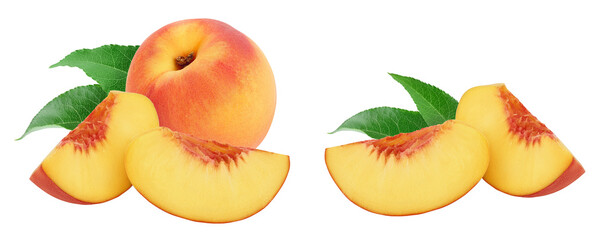 Ripe peach slices isolated on white background with full depth of field
