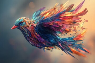 Fototapeta premium Colorful bird with rainbow feathers flying through the air. The bird is surrounded by a splash of colors