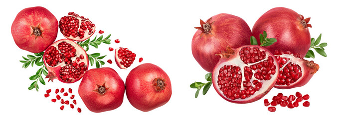 Pomegranate isolated on white background with full depth of field. Top view. Flat lay