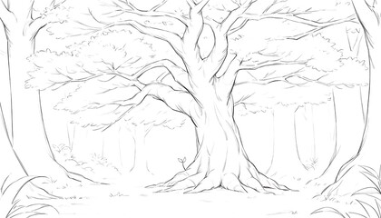 Detailed sketch of a serene forest scene with a large ancient tree. This black and white sketch showcases a tranquil forest scene/large tree with elaborate branching and roots