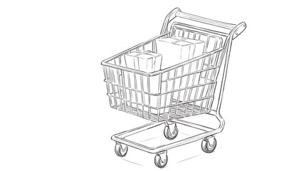 Line art/Hand-Drawn Sketch of a Shopping Cart Filled with Items. A detailed Line art/hand-drawn sketch of a shopping cart filled with packages
