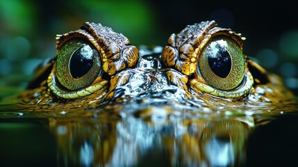 Fototapeta premium Close-up of a frog's eyes above water, showcasing intricate details and reflections.