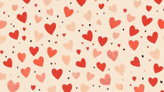 54.A flat design pattern featuring clusters of tiny red hearts scattered randomly on a muted blush-pink background, adding a playful and modern touch.