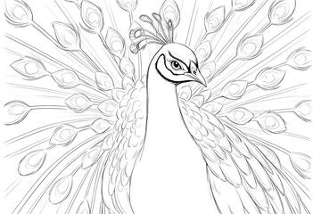 Detailed Line Art Drawing of a Peacock. A sophisticated line drawing of a peacock showcasing intricate details of its feathers and head