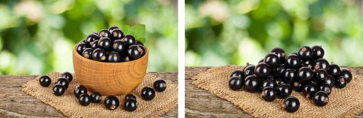 Black currants on burlap in bowl with wooden background