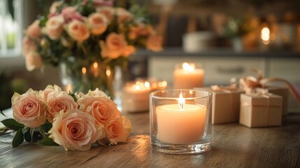 Obraz premium 84.An inviting shot of burning candles in glass holders, surrounded by a lush bouquet of roses and small, beautifully wrapped gift boxes, all set on a farmhouse-style wooden table with kitchen decor