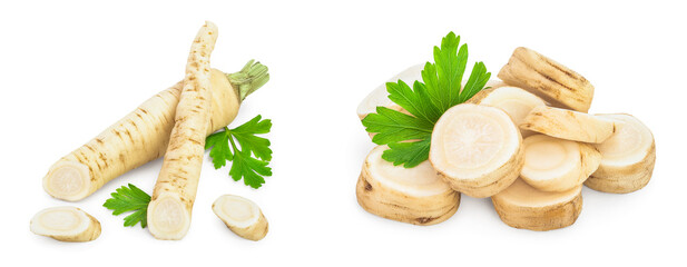 Parsley root with slices and leaves isolated on white background