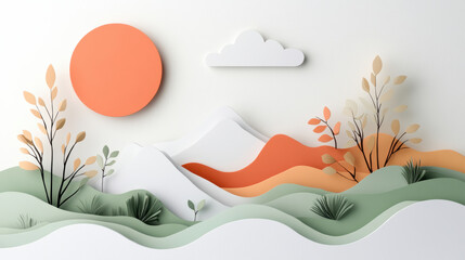 serene paper art landscape featuring rolling hills, trees, and vibrant orange sun under soft cloud, evoking peaceful and minimalist aesthetic